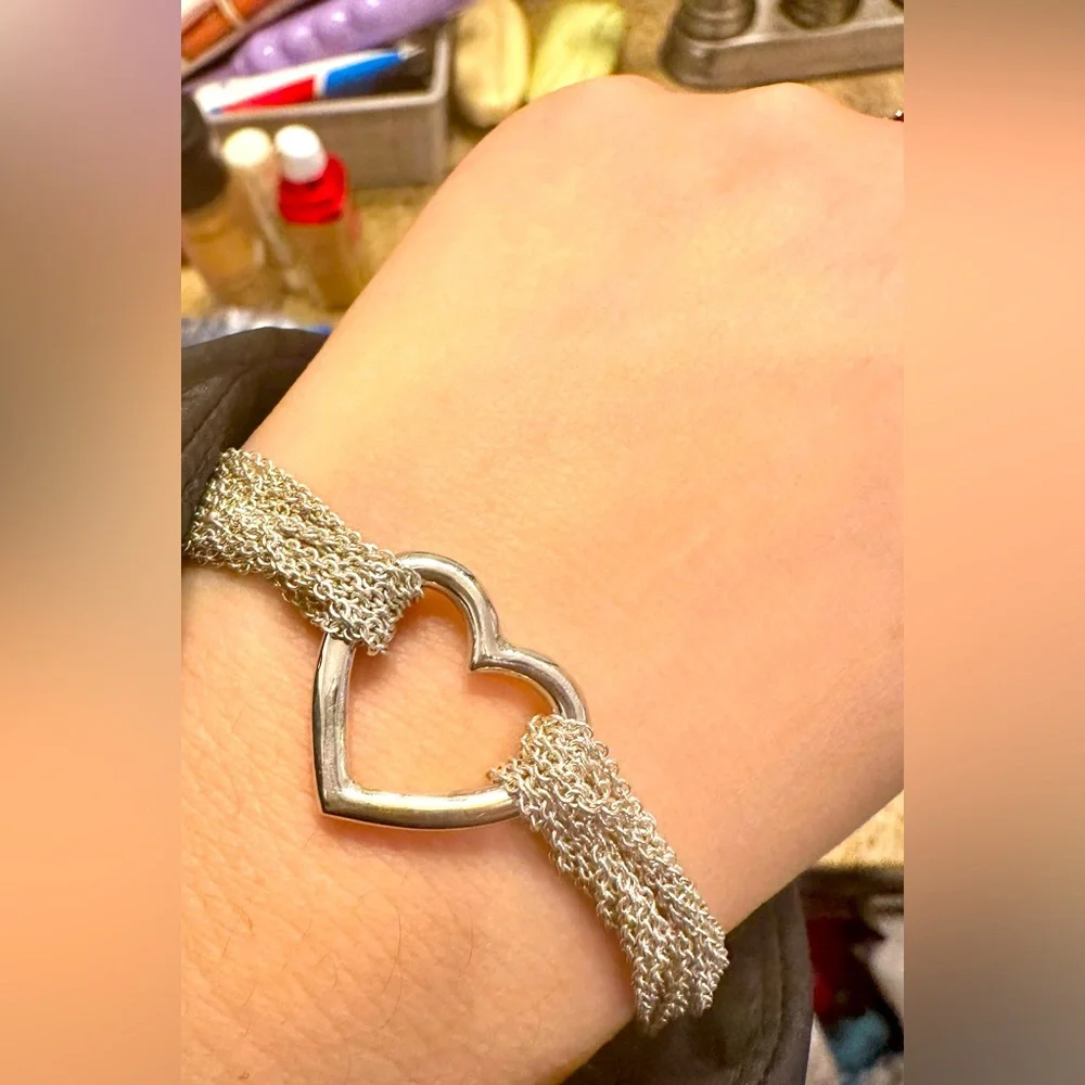 New XL Open Heart Mesh Bracelet Solid 925 Sterling Silver - Picture 6 of 6